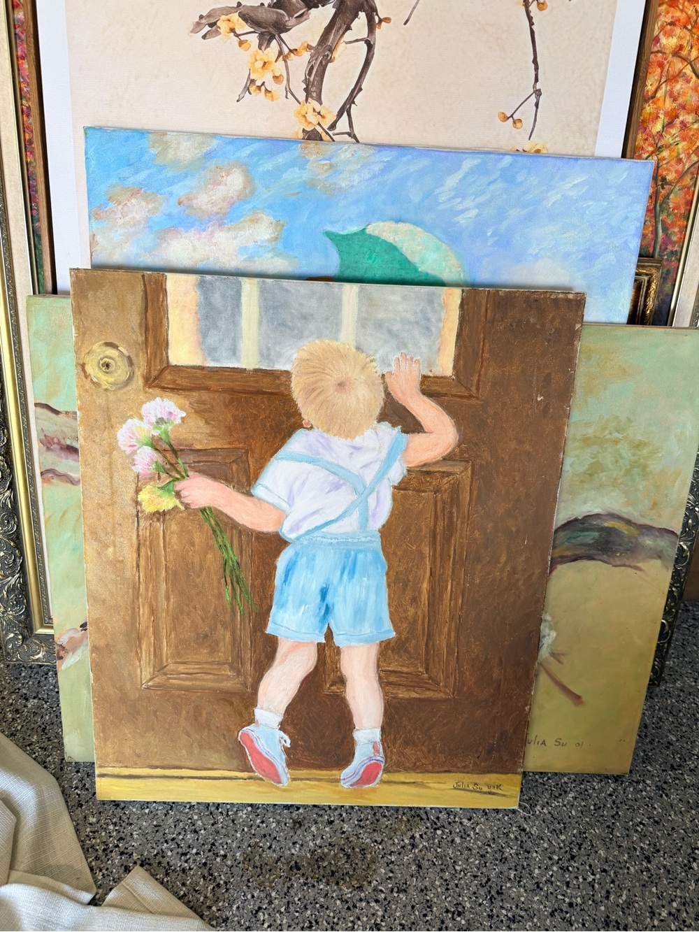 Child at Door Oil Painting — Blue, Brown, Pink Accents